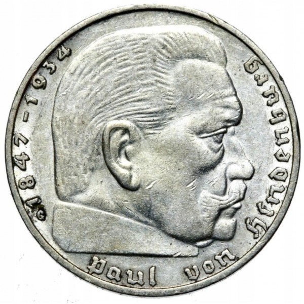 2 Marki Hindenburg (1936–1939) - Srebro próba .625 (5 gram czystego srebra)