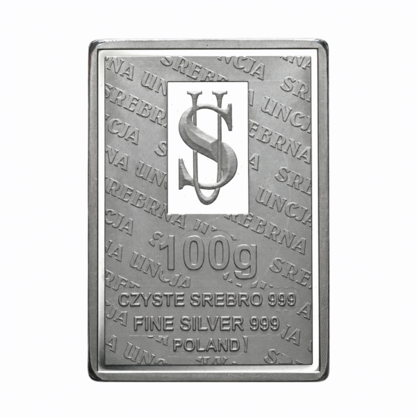 Srebrna sztabka 100 g na białym tle Sztabka srebra Husaria 100 g – usługa przerobu srebra