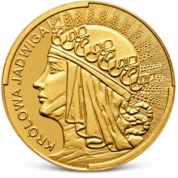 Złota moneta z portretem królowej Jadwigi Królowa Jadwiga 1/10 oz Ag999 - Pełne złocenie