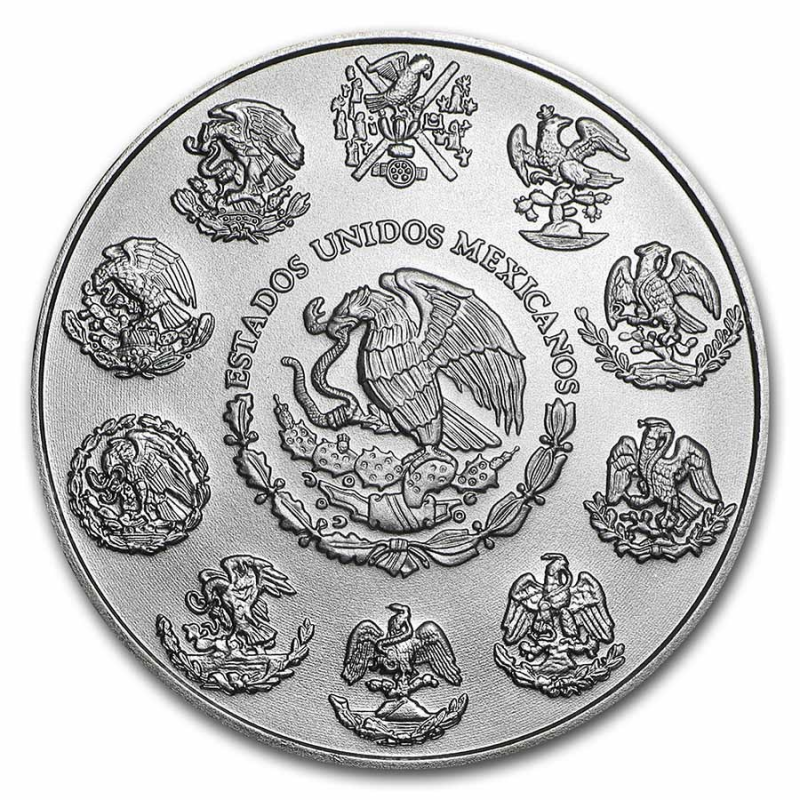 Meksykański Libertad 2021 Srebro 1 oz — awers z herbem Meksyku.